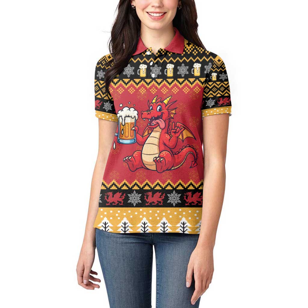 Carmarthenshire Wales Christmas Women Polo Shirt Funny Welsh Red Dragon Beer Xmas - Wonder Print Shop