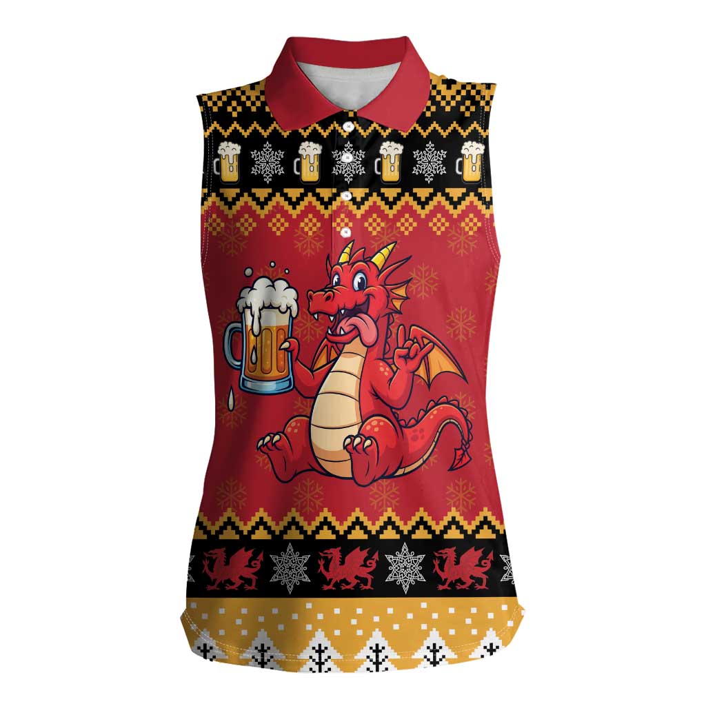 Carmarthenshire Wales Christmas Women Sleeveless Polo Shirt Funny Welsh Red Dragon Beer Xmas - Wonder Print Shop