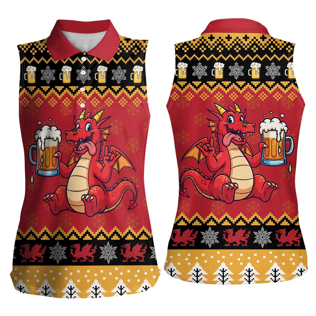 Carmarthenshire Wales Christmas Women Sleeveless Polo Shirt Funny Welsh Red Dragon Beer Xmas - Wonder Print Shop