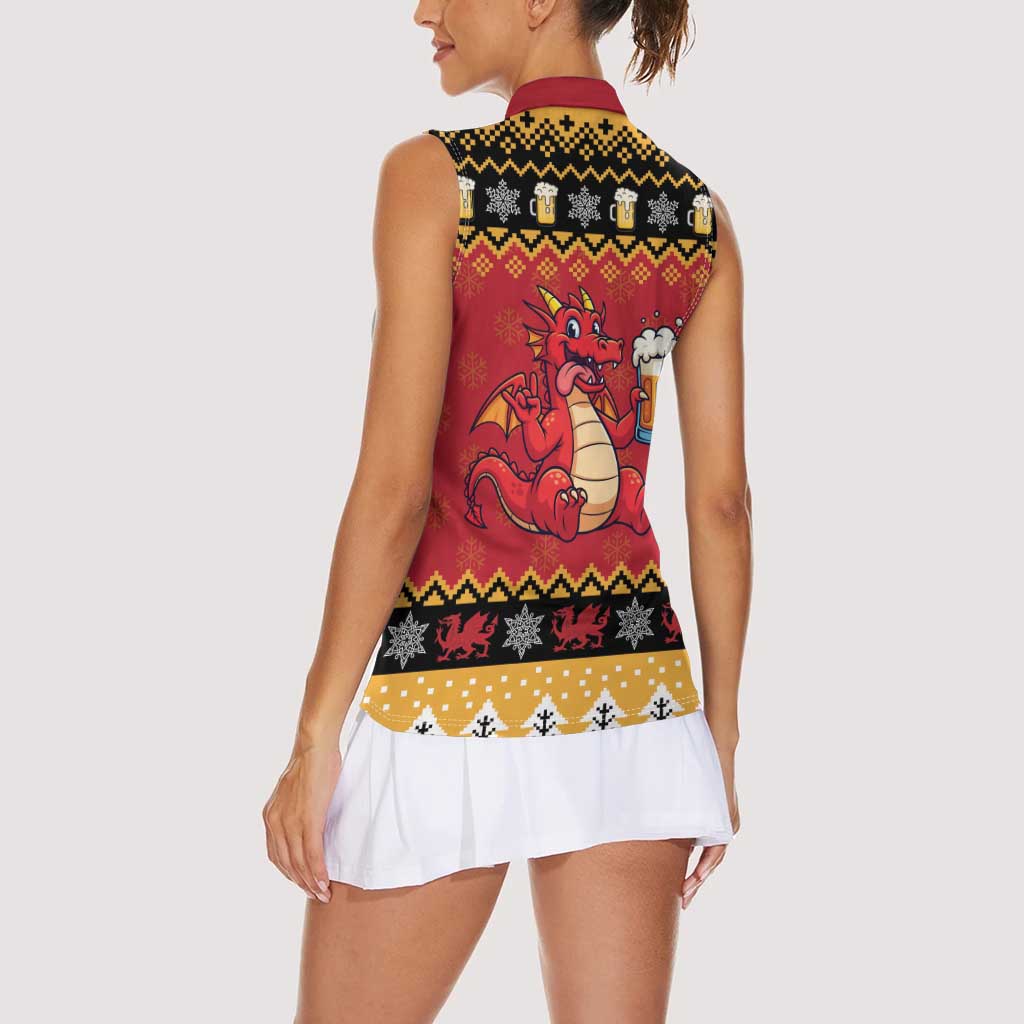 Carmarthenshire Wales Christmas Women Sleeveless Polo Shirt Funny Welsh Red Dragon Beer Xmas - Wonder Print Shop
