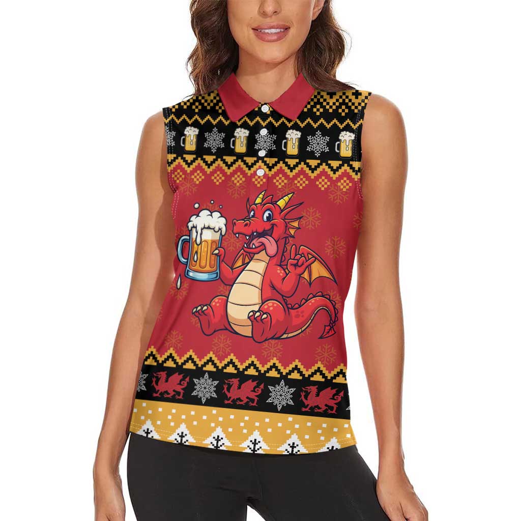 Carmarthenshire Wales Christmas Women Sleeveless Polo Shirt Funny Welsh Red Dragon Beer Xmas - Wonder Print Shop