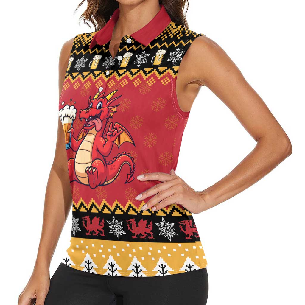 Carmarthenshire Wales Christmas Women Sleeveless Polo Shirt Funny Welsh Red Dragon Beer Xmas - Wonder Print Shop