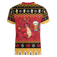 Carmarthenshire Wales Christmas Women V-Neck T-Shirt Funny Welsh Red Dragon Beer Xmas - Wonder Print Shop