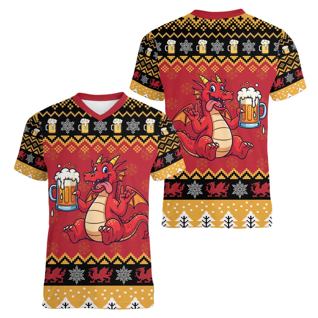 Carmarthenshire Wales Christmas Women V-Neck T-Shirt Funny Welsh Red Dragon Beer Xmas - Wonder Print Shop