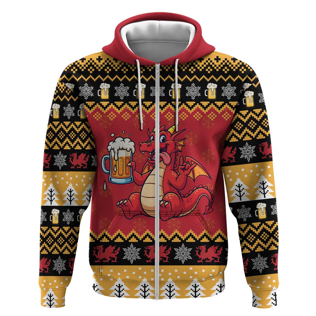 Carmarthenshire Wales Christmas Zip Hoodie Funny Welsh Red Dragon Beer Xmas - Wonder Print Shop