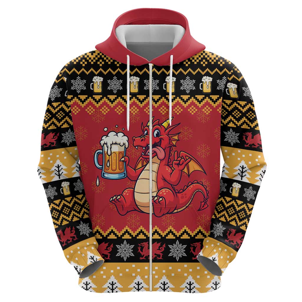 Carmarthenshire Wales Christmas Zip Hoodie Funny Welsh Red Dragon Beer Xmas - Wonder Print Shop