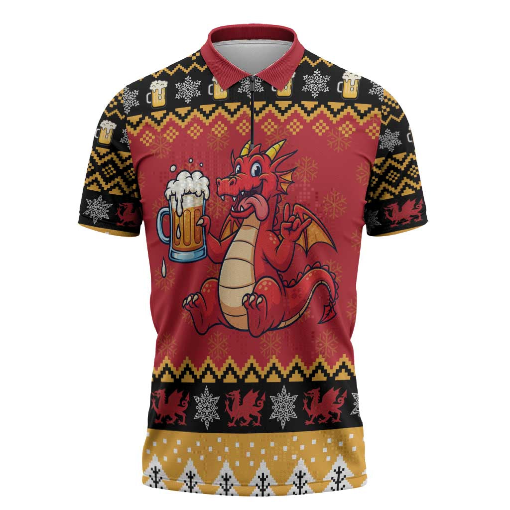 Carmarthenshire Wales Christmas Zipper Polo Shirt Funny Welsh Red Dragon Beer Xmas - Wonder Print Shop