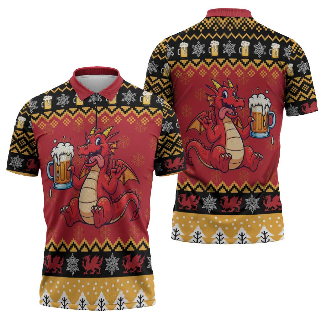 Carmarthenshire Wales Christmas Zipper Polo Shirt Funny Welsh Red Dragon Beer Xmas - Wonder Print Shop