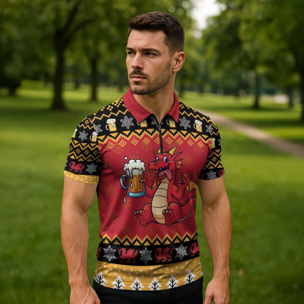 Carmarthenshire Wales Christmas Zipper Polo Shirt Funny Welsh Red Dragon Beer Xmas - Wonder Print Shop