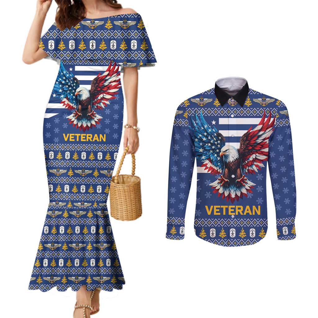 US Navy 250th Anniversary Veteran Couples Matching Mermaid Dress and Long Sleeve Button Shirt - Wonder Print Shop