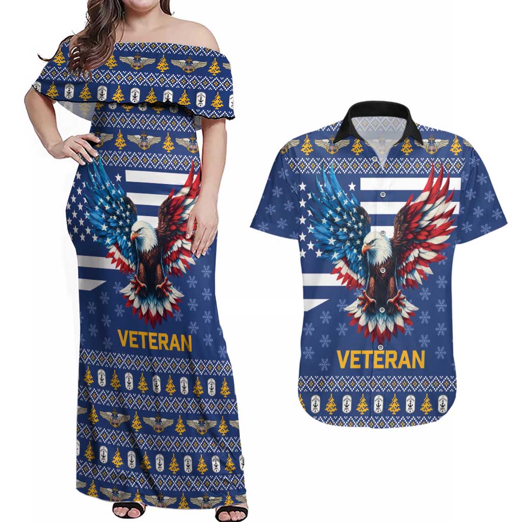 US Navy 250th Anniversary Veteran Couples Matching Off Shoulder Maxi Dress and Hawaiian Shirt - Wonder Print Shop