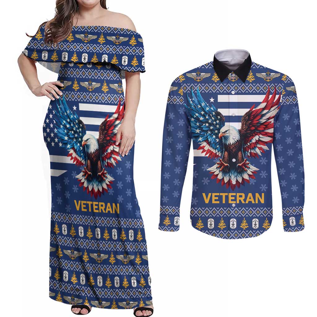 US Navy 250th Anniversary Veteran Couples Matching Off Shoulder Maxi Dress and Long Sleeve Button Shirt - Wonder Print Shop