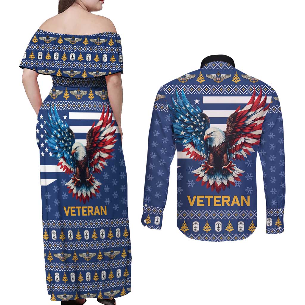 US Navy 250th Anniversary Veteran Couples Matching Off Shoulder Maxi Dress and Long Sleeve Button Shirt - Wonder Print Shop