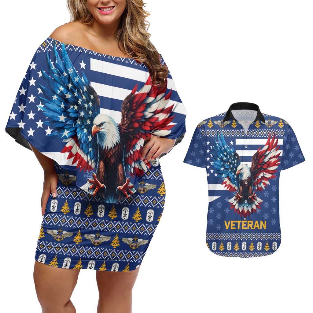 US Navy 250th Anniversary Veteran Couples Matching Off Shoulder Short Dress and Hawaiian Shirt - Wonder Print Shop