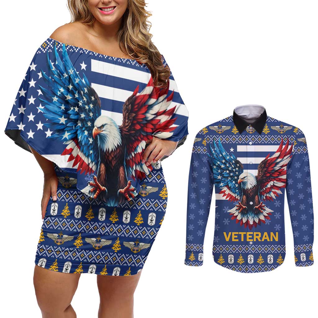 US Navy 250th Anniversary Veteran Couples Matching Off Shoulder Short Dress and Long Sleeve Button Shirt - Wonder Print Shop