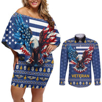 US Navy 250th Anniversary Veteran Couples Matching Off Shoulder Short Dress and Long Sleeve Button Shirt - Wonder Print Shop