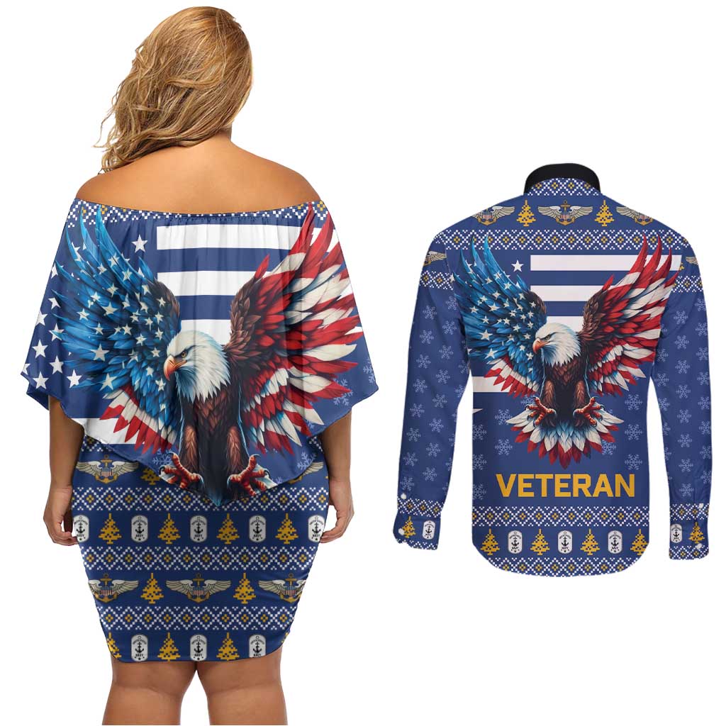 US Navy 250th Anniversary Veteran Couples Matching Off Shoulder Short Dress and Long Sleeve Button Shirt - Wonder Print Shop