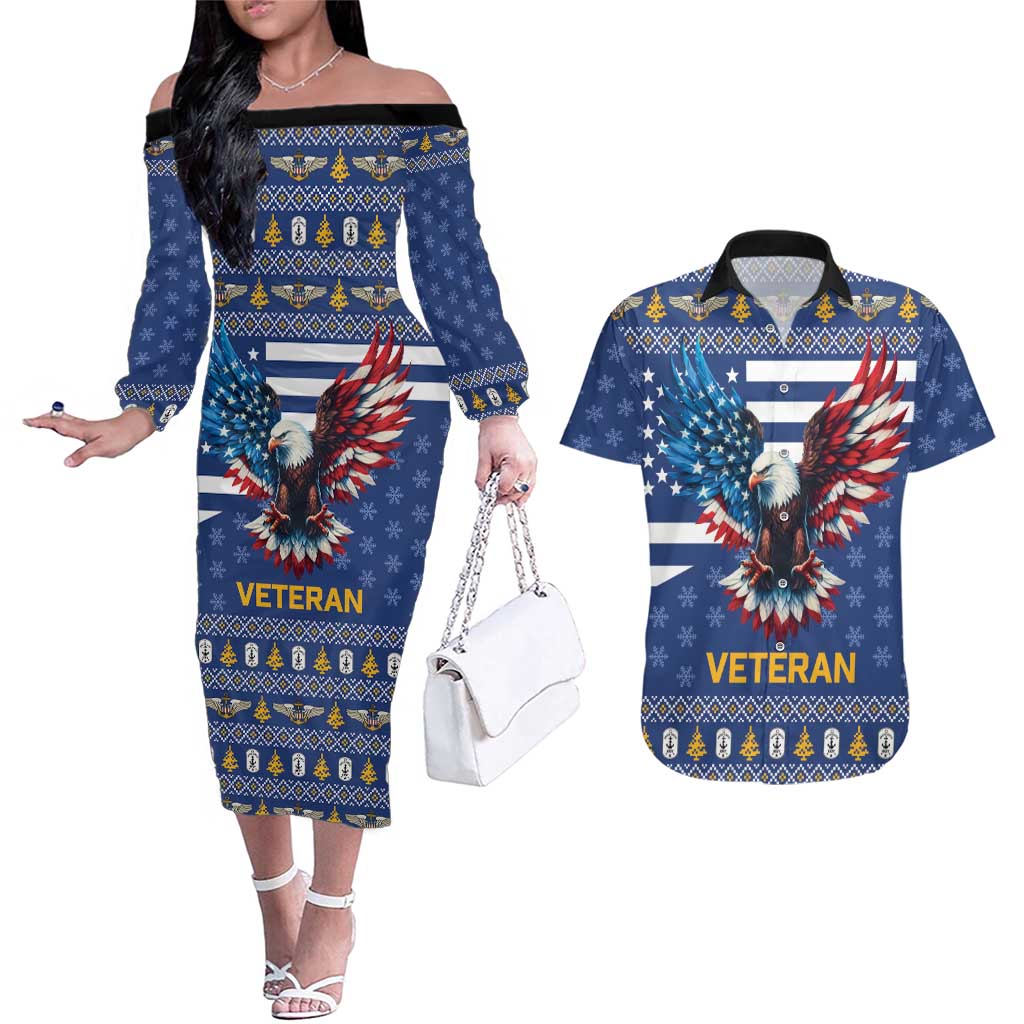 US Navy 250th Anniversary Veteran Couples Matching Off The Shoulder Long Sleeve Dress and Hawaiian Shirt - Wonder Print Shop