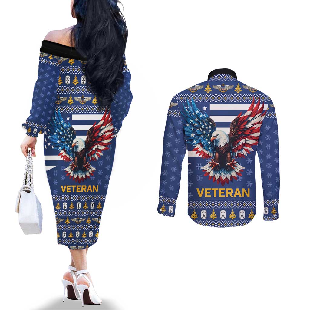 US Navy 250th Anniversary Veteran Couples Matching Off The Shoulder Long Sleeve Dress and Long Sleeve Button Shirt - Wonder Print Shop