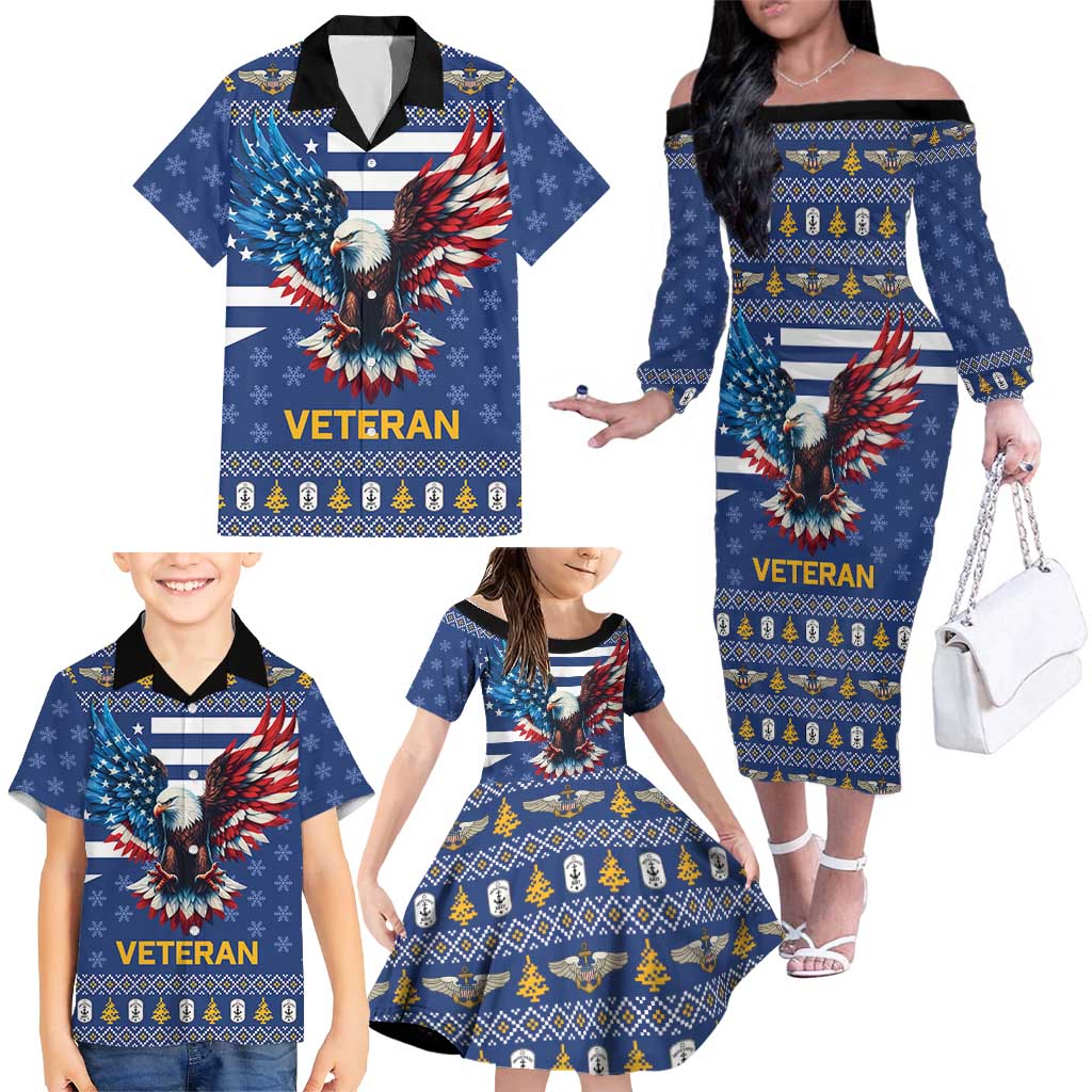 US Navy 250th Anniversary Veteran Family Matching Off The Shoulder Long Sleeve Dress and Hawaiian Shirt - Wonder Print Shop