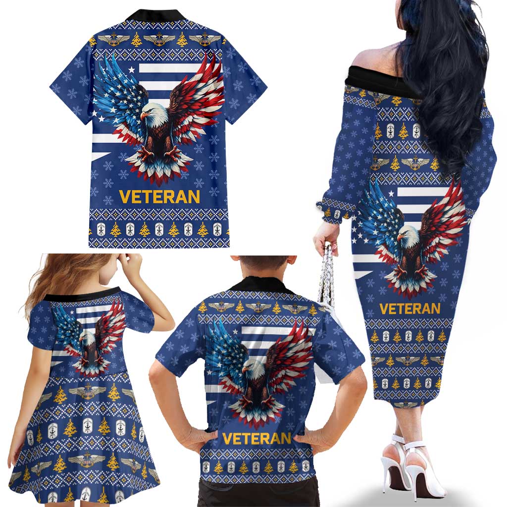 US Navy 250th Anniversary Veteran Family Matching Off The Shoulder Long Sleeve Dress and Hawaiian Shirt - Wonder Print Shop