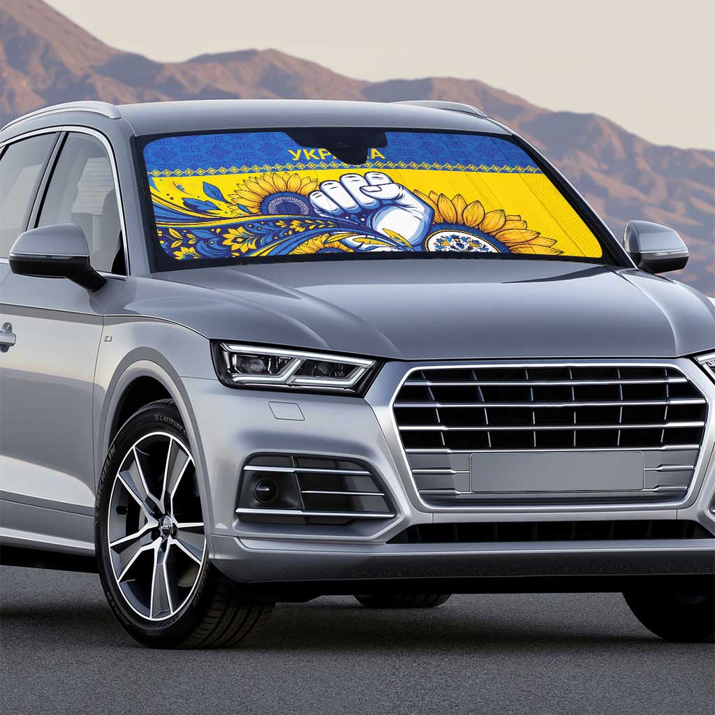 Ukraine Sunflowers Hand Auto Sun Shade with Ukrainian Folk Pattern - Wonder Print Shop