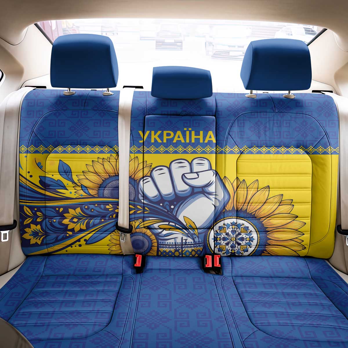 Ukraine Sunflowers Hand Back Car Seat Cover with Ukrainian Folk Pattern - Wonder Print Shop