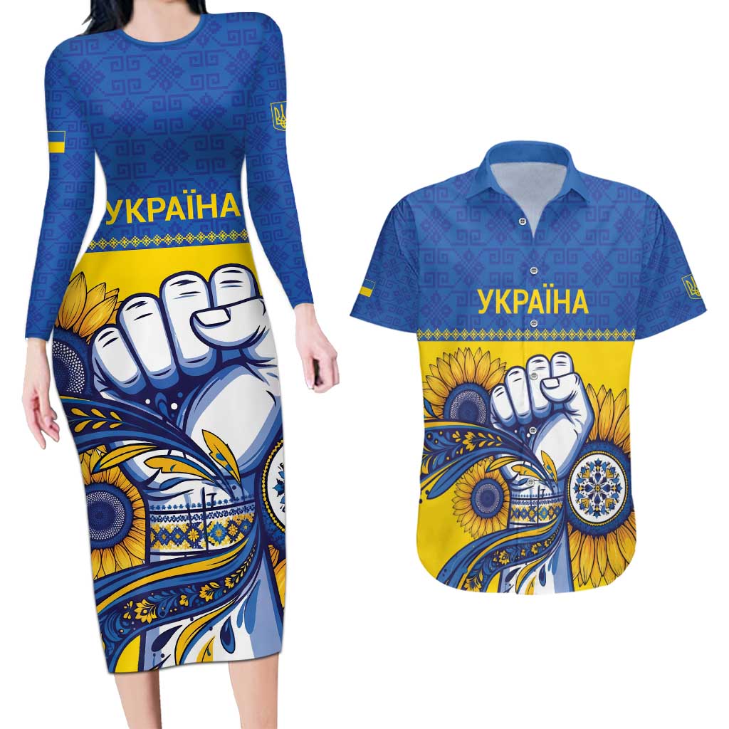 Ukraine Sunflowers Hand Couples Matching Long Sleeve Bodycon Dress and Hawaiian Shirt with Ukrainian Folk Pattern - Wonder Print Shop