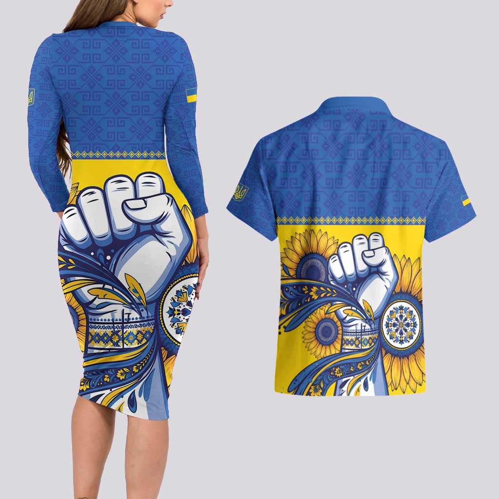 Ukraine Sunflowers Hand Couples Matching Long Sleeve Bodycon Dress and Hawaiian Shirt with Ukrainian Folk Pattern - Wonder Print Shop