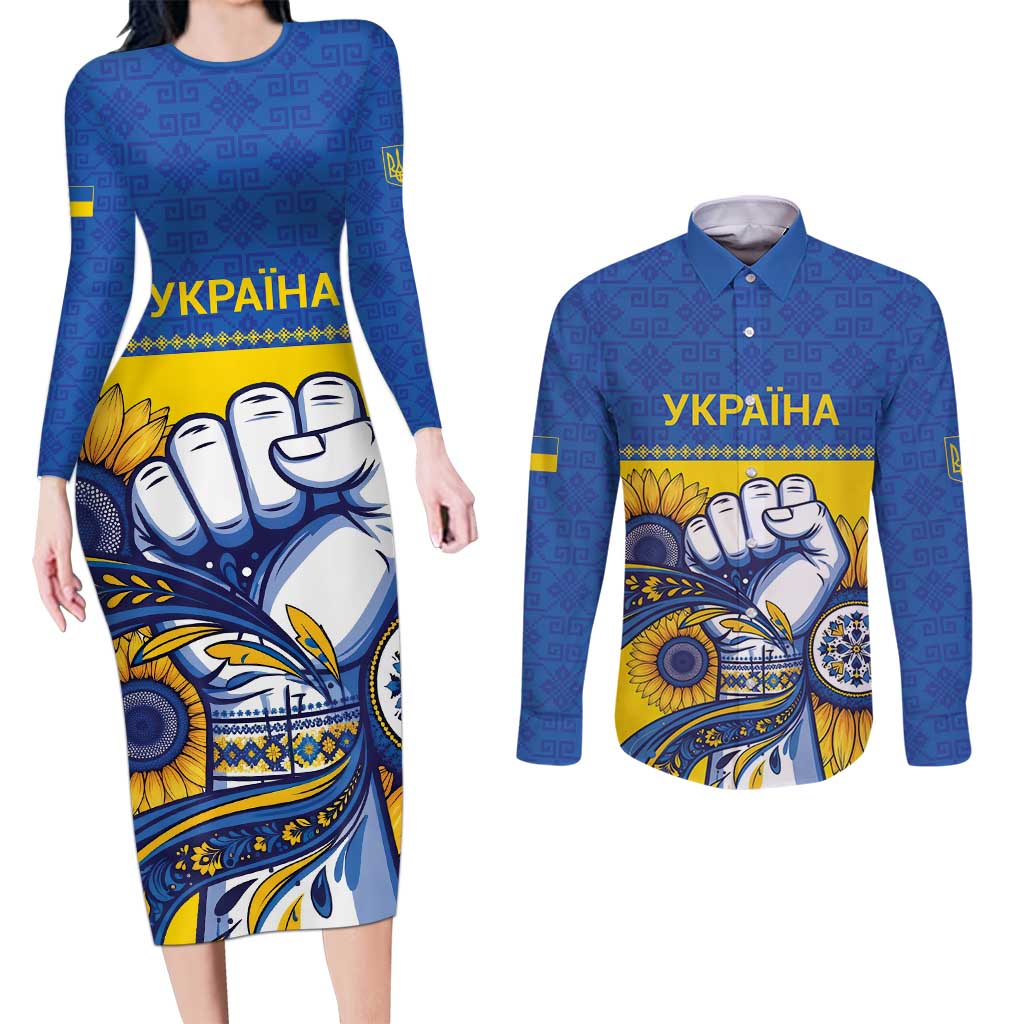 Ukraine Sunflowers Hand Couples Matching Long Sleeve Bodycon Dress and Long Sleeve Button Shirt with Ukrainian Folk Pattern - Wonder Print Shop
