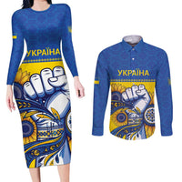 Ukraine Sunflowers Hand Couples Matching Long Sleeve Bodycon Dress and Long Sleeve Button Shirt with Ukrainian Folk Pattern - Wonder Print Shop