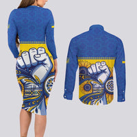 Ukraine Sunflowers Hand Couples Matching Long Sleeve Bodycon Dress and Long Sleeve Button Shirt with Ukrainian Folk Pattern - Wonder Print Shop