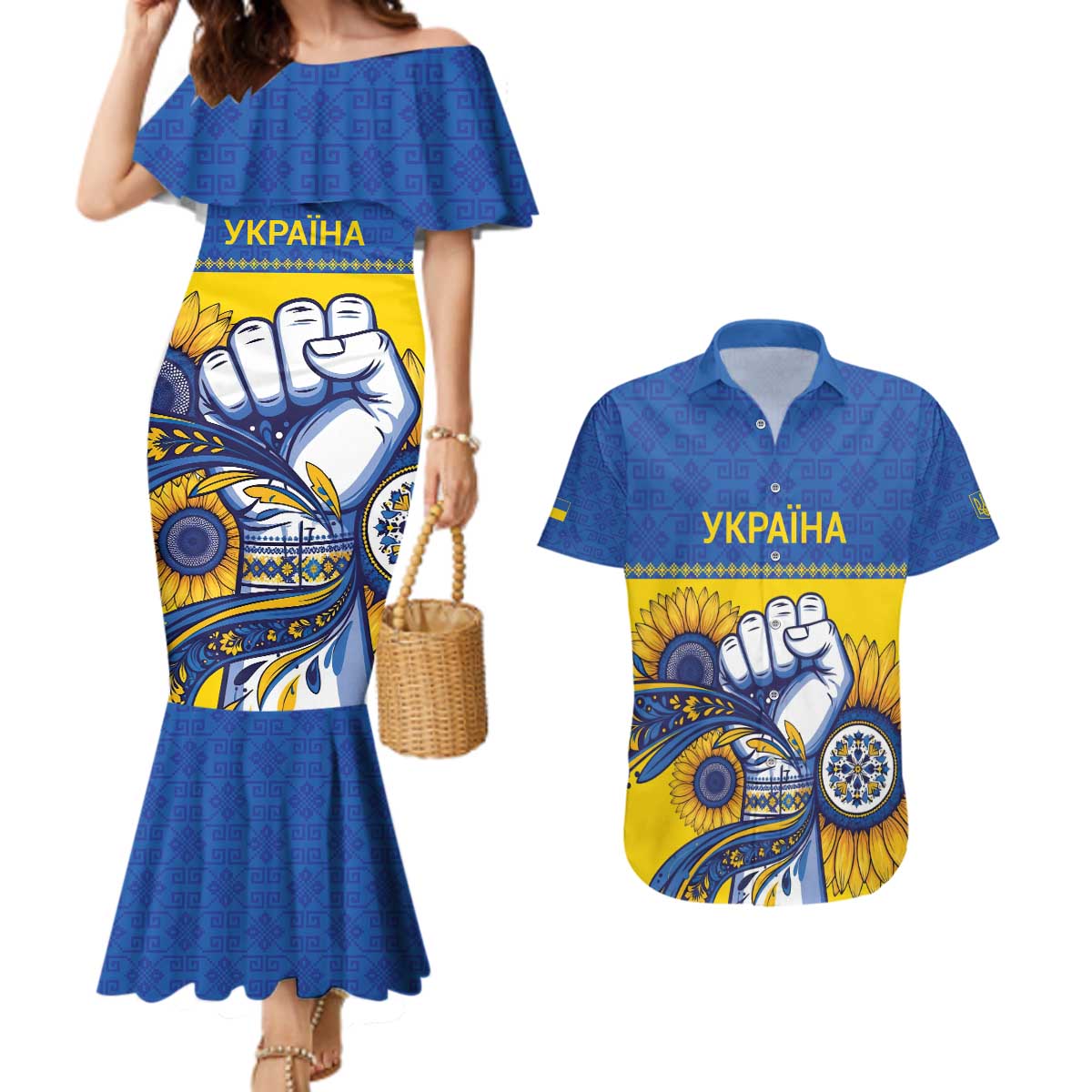Ukraine Sunflowers Hand Couples Matching Mermaid Dress and Hawaiian Shirt with Ukrainian Folk Pattern - Wonder Print Shop