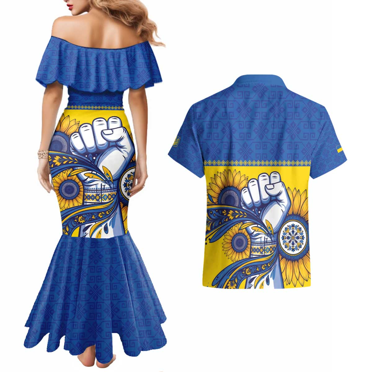 Ukraine Sunflowers Hand Couples Matching Mermaid Dress and Hawaiian Shirt with Ukrainian Folk Pattern - Wonder Print Shop