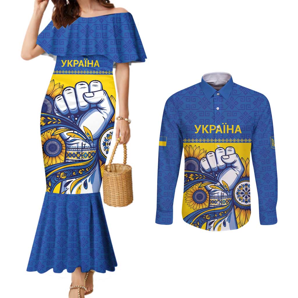 Ukraine Sunflowers Hand Couples Matching Mermaid Dress and Long Sleeve Button Shirt with Ukrainian Folk Pattern - Wonder Print Shop