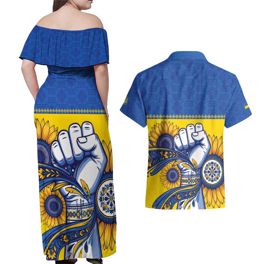 Ukraine Sunflowers Hand Couples Matching Off Shoulder Maxi Dress and Hawaiian Shirt with Ukrainian Folk Pattern - Wonder Print Shop