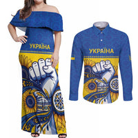 Ukraine Sunflowers Hand Couples Matching Off Shoulder Maxi Dress and Long Sleeve Button Shirt with Ukrainian Folk Pattern - Wonder Print Shop
