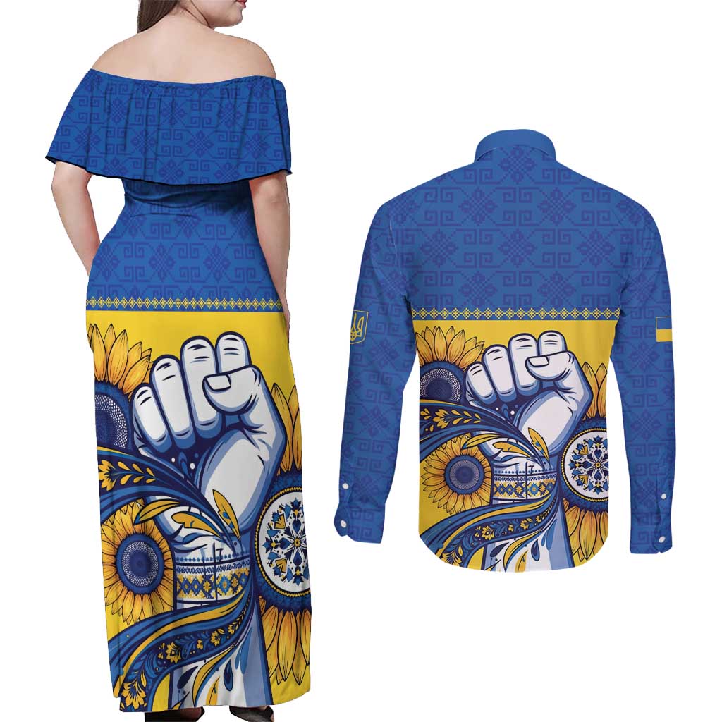 Ukraine Sunflowers Hand Couples Matching Off Shoulder Maxi Dress and Long Sleeve Button Shirt with Ukrainian Folk Pattern - Wonder Print Shop