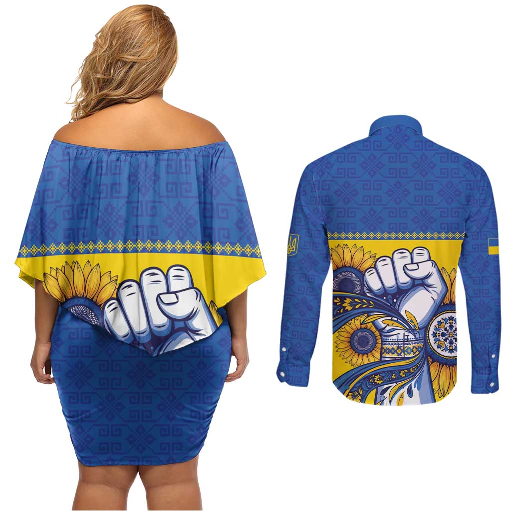 Ukraine Sunflowers Hand Couples Matching Off Shoulder Short Dress and Long Sleeve Button Shirt with Ukrainian Folk Pattern - Wonder Print Shop