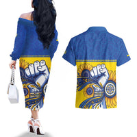 Ukraine Sunflowers Hand Couples Matching Off The Shoulder Long Sleeve Dress and Hawaiian Shirt with Ukrainian Folk Pattern - Wonder Print Shop