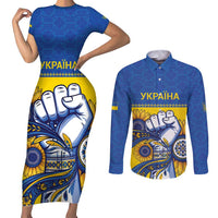 Ukraine Sunflowers Hand Couples Matching Short Sleeve Bodycon Dress and Long Sleeve Button Shirt with Ukrainian Folk Pattern - Wonder Print Shop
