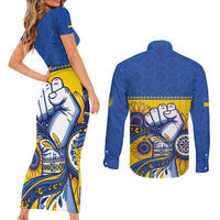 Ukraine Sunflowers Hand Couples Matching Short Sleeve Bodycon Dress and Long Sleeve Button Shirt with Ukrainian Folk Pattern - Wonder Print Shop