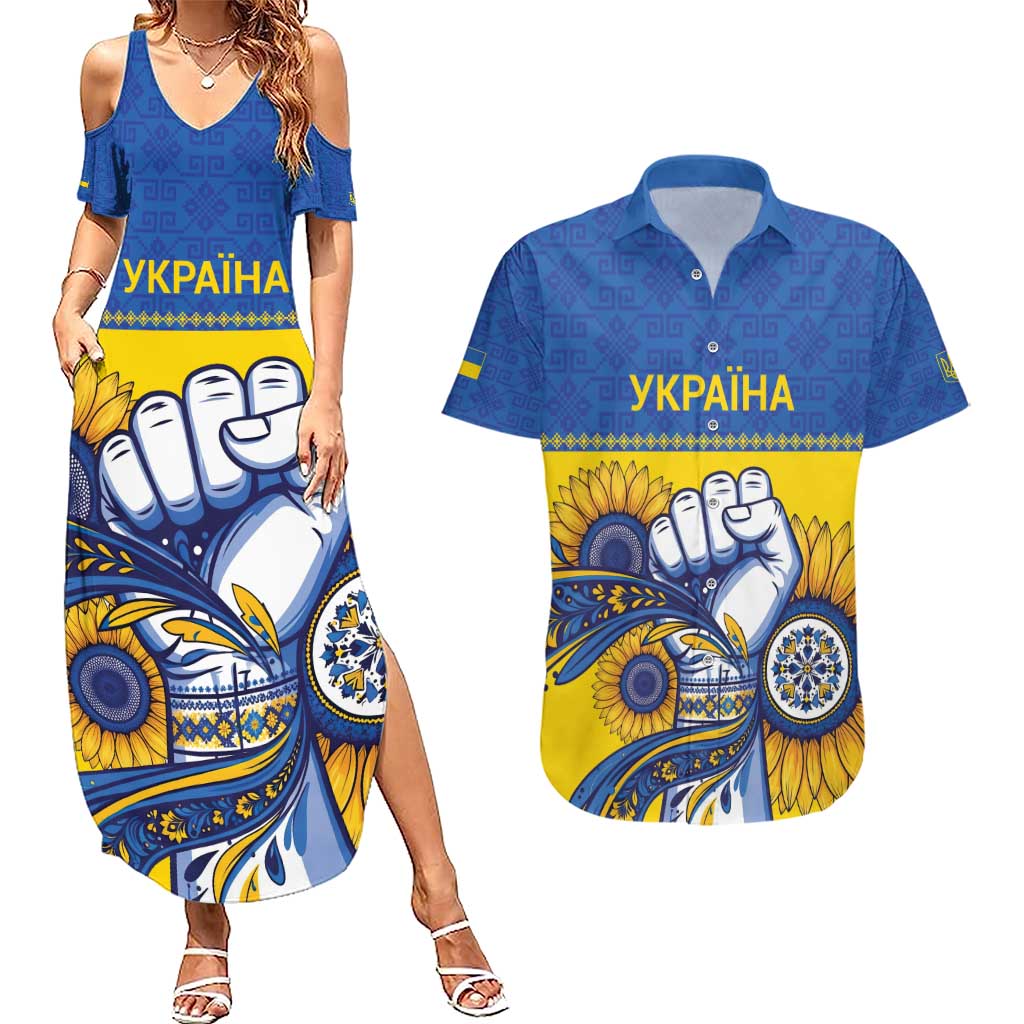 Ukraine Sunflowers Hand Couples Matching Summer Maxi Dress and Hawaiian Shirt with Ukrainian Folk Pattern - Wonder Print Shop