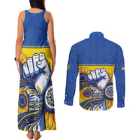 Ukraine Sunflowers Hand Couples Matching Tank Maxi Dress and Long Sleeve Button Shirt with Ukrainian Folk Pattern - Wonder Print Shop