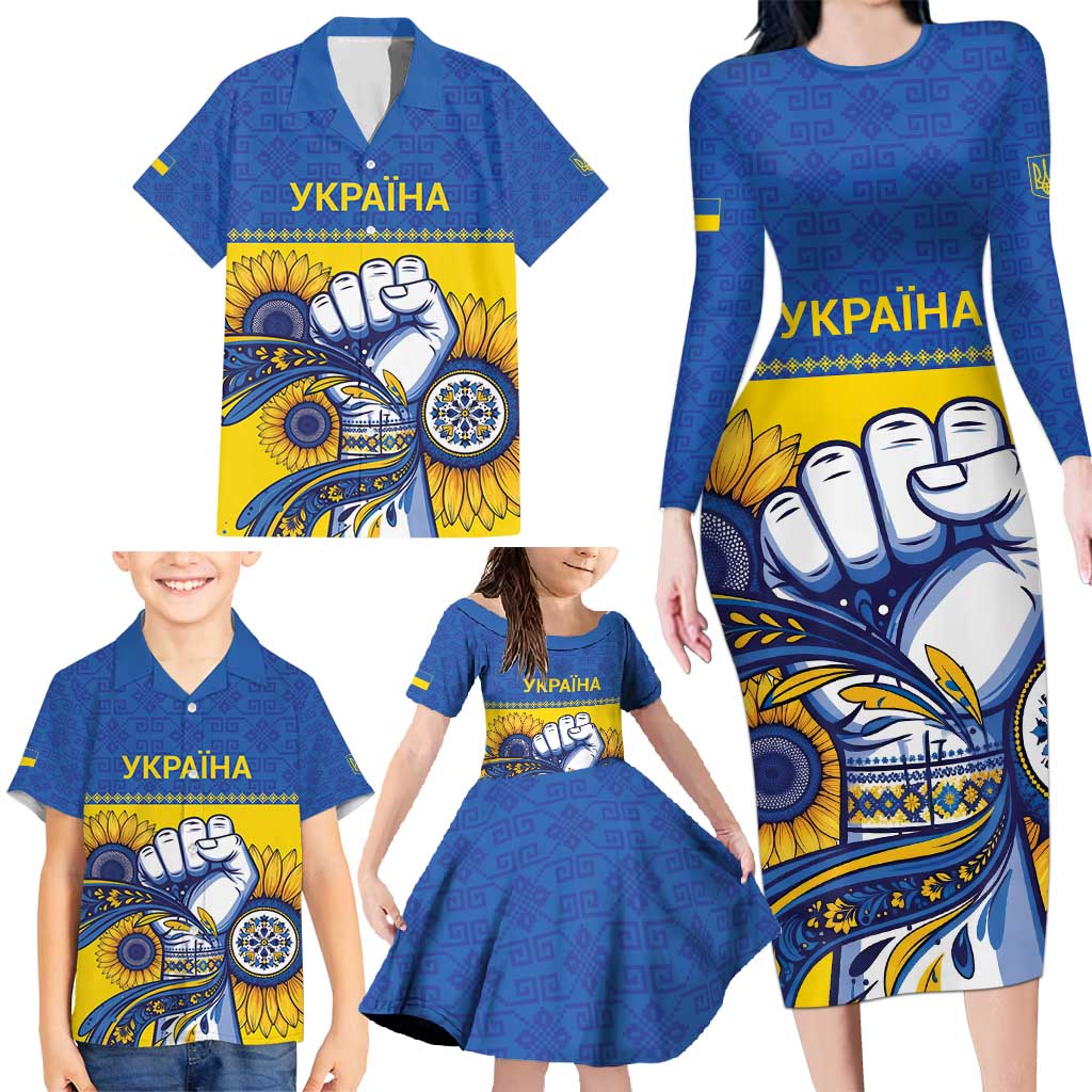 Ukraine Sunflowers Hand Family Matching Long Sleeve Bodycon Dress and Hawaiian Shirt with Ukrainian Folk Pattern - Wonder Print Shop
