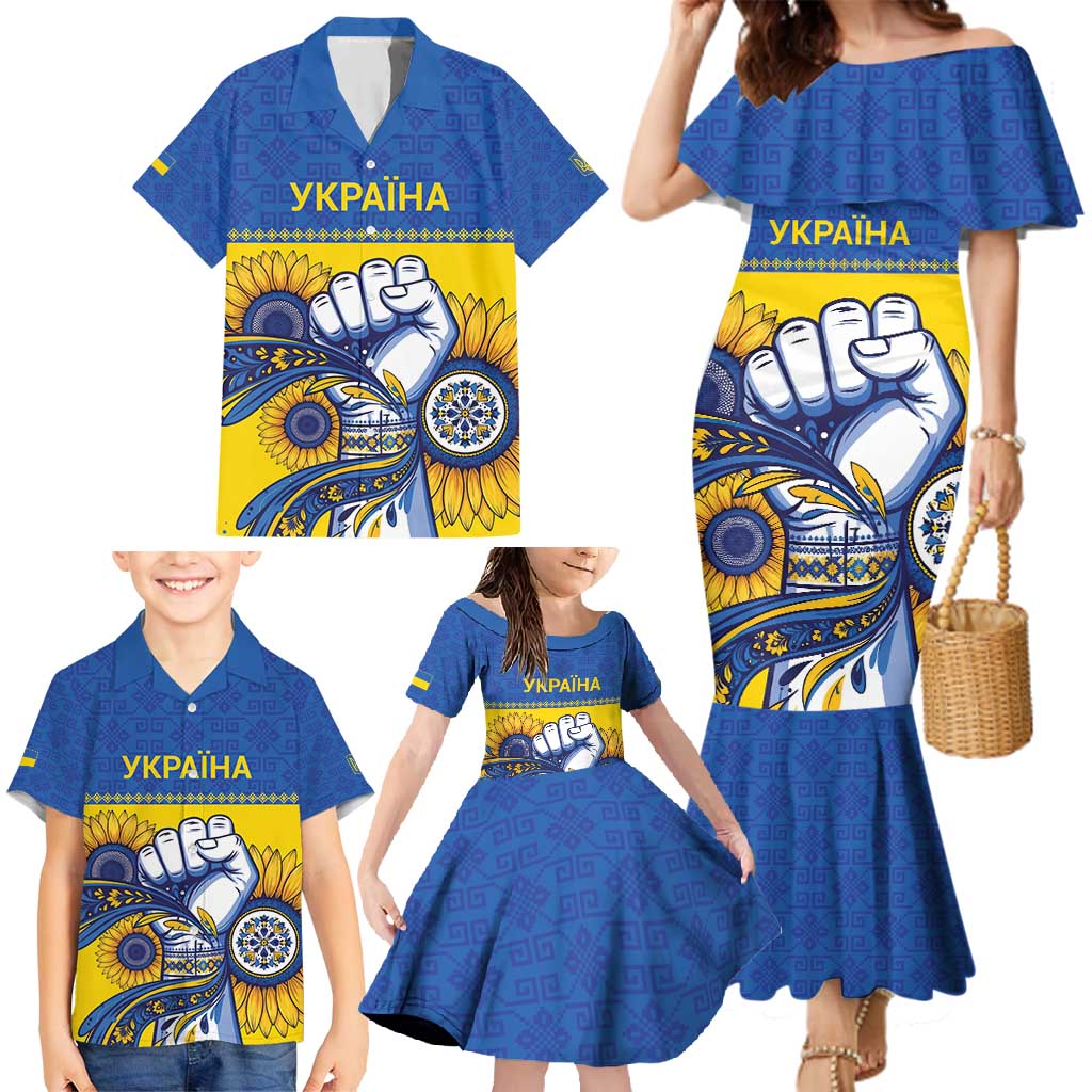 Ukraine Sunflowers Hand Family Matching Mermaid Dress and Hawaiian Shirt with Ukrainian Folk Pattern - Wonder Print Shop