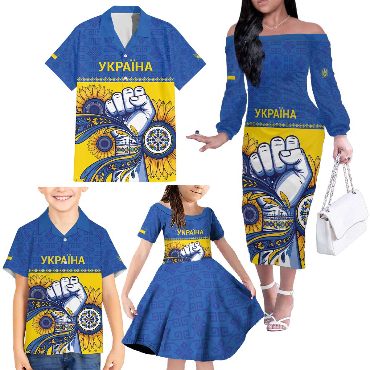 Ukraine Sunflowers Hand Family Matching Off The Shoulder Long Sleeve Dress and Hawaiian Shirt with Ukrainian Folk Pattern - Wonder Print Shop