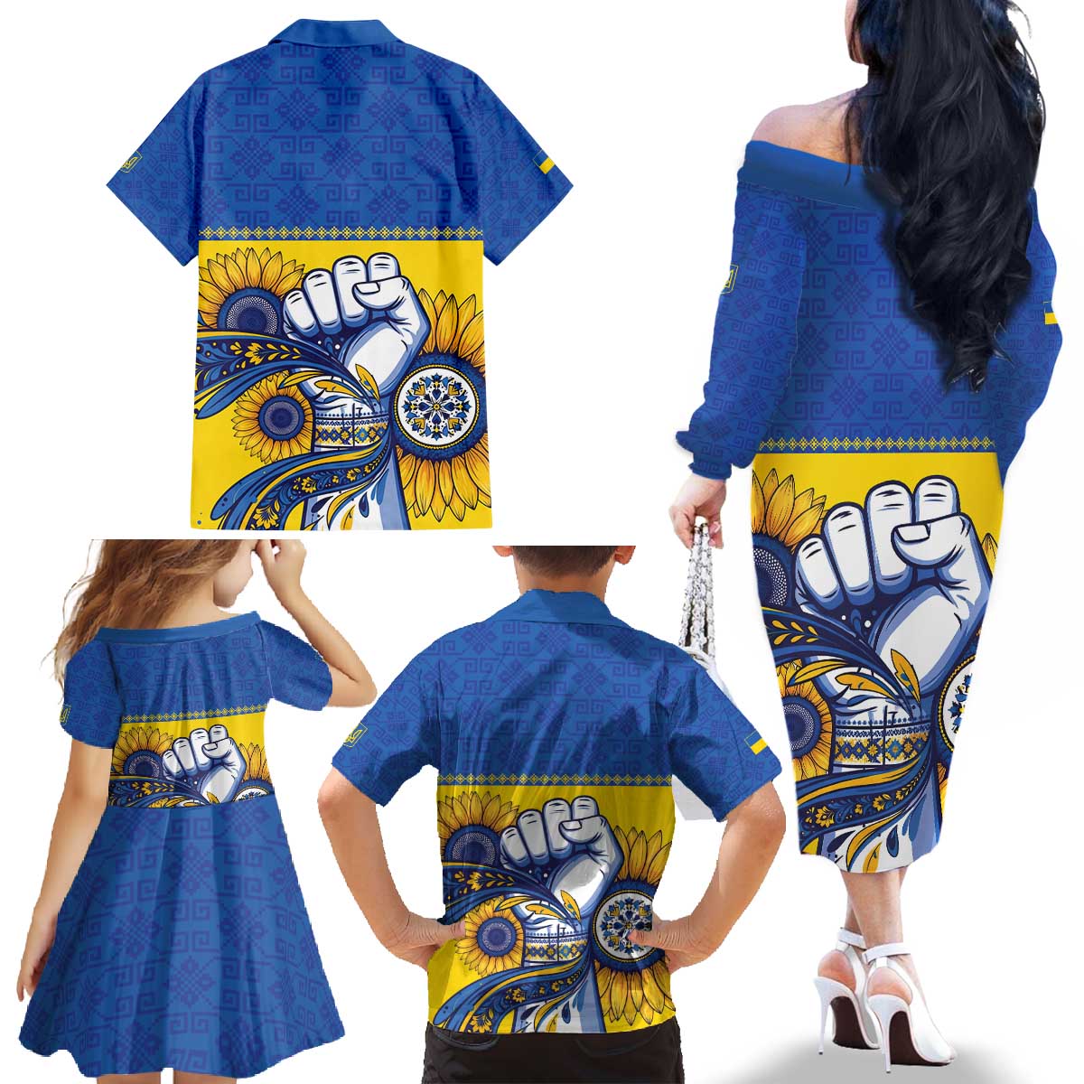 Ukraine Sunflowers Hand Family Matching Off The Shoulder Long Sleeve Dress and Hawaiian Shirt with Ukrainian Folk Pattern - Wonder Print Shop
