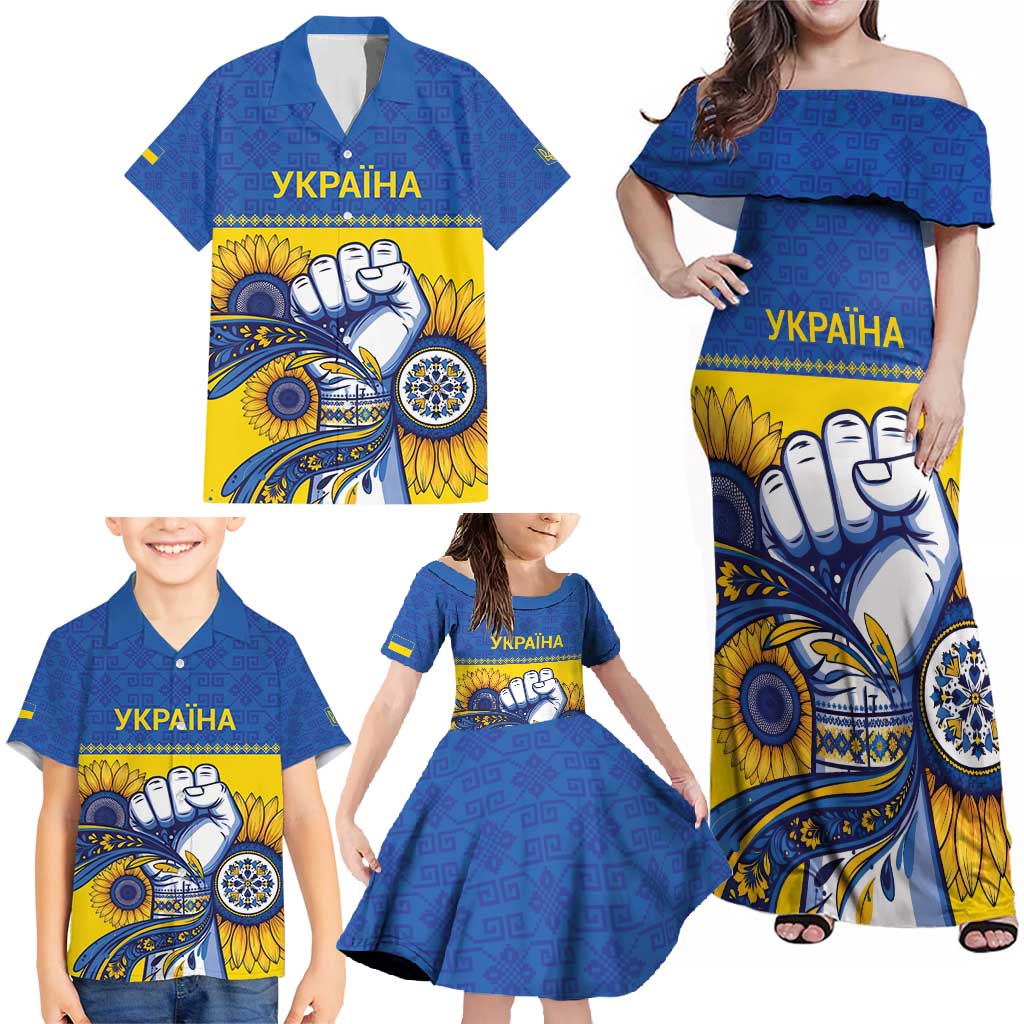 Ukraine Sunflowers Hand Family Matching Off Shoulder Maxi Dress and Hawaiian Shirt with Ukrainian Folk Pattern - Wonder Print Shop