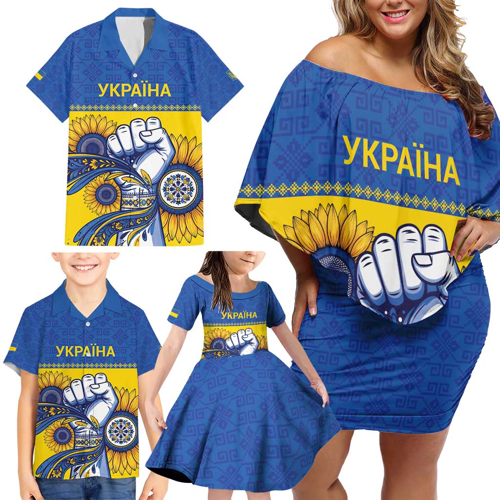 Ukraine Sunflowers Hand Family Matching Off Shoulder Short Dress and Hawaiian Shirt with Ukrainian Folk Pattern - Wonder Print Shop
